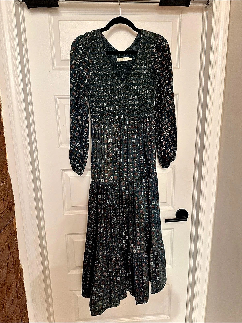Christy Dawn Long Sleeve Smocked Midi Dress Floral Black & Green XS/S